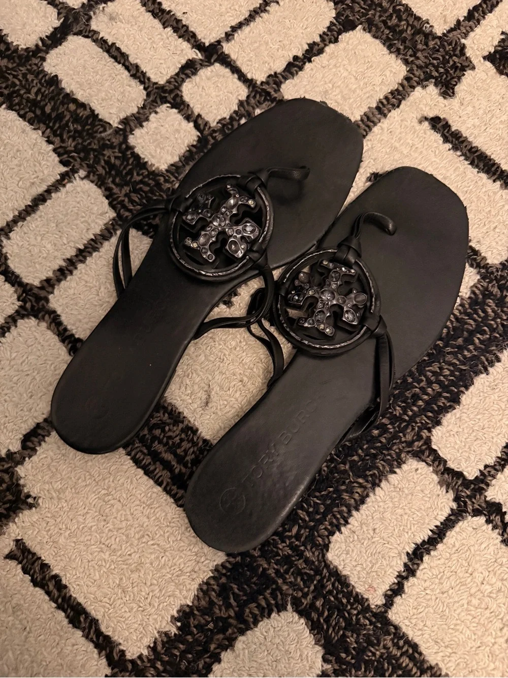 Tory Burch Black Logo Leather Thong Sandals